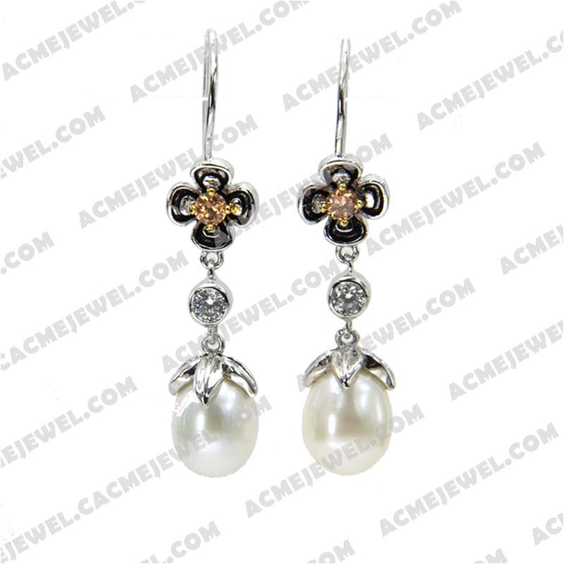 Earrings 925 Sterling Silver 3-tone Rhodium + gold + black smear