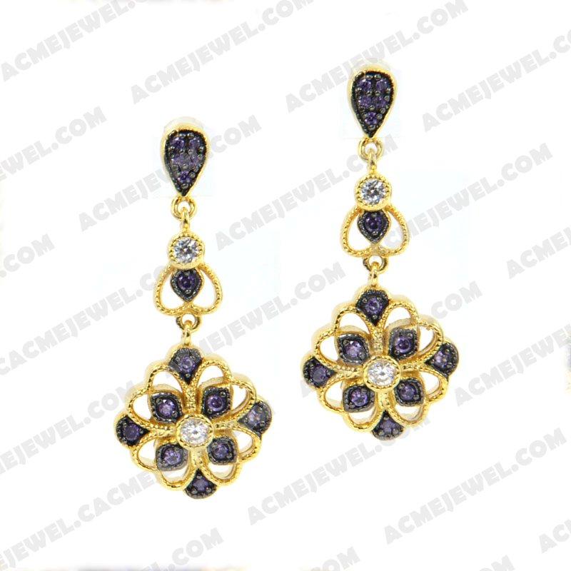 Earrings 925 Sterling Silver 2-tone Gold and black rhodium